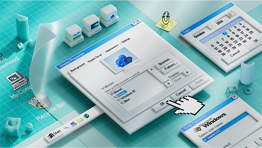 Testo alternativo dell'immagine di sfondo in modalità chiara: una rappresentazione creativa dell'interfaccia utente di Windows 95 su una superficie color acquamarina con una griglia con icone di Windows 95, barra delle applicazioni, Clippy, una finestra Proprietà dello schermo con opzioni per lo sfondo (Bloom, Windows 10, Bliss) visualizzate in anteprima su tre PC Windows vintage, una finestra Data con il 1° ottobre 2014 selezionato e una finestra Immetti password con "PC Insider" selezionato.